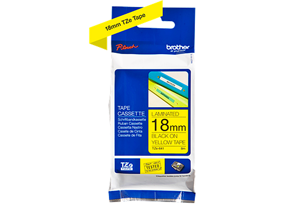 RUBAN LAMINÉ TZE POUR TITREUSE BROTHER P-TOUCH TZE641 18MM COLORIS IMPRESSION NOIR/JAUNE