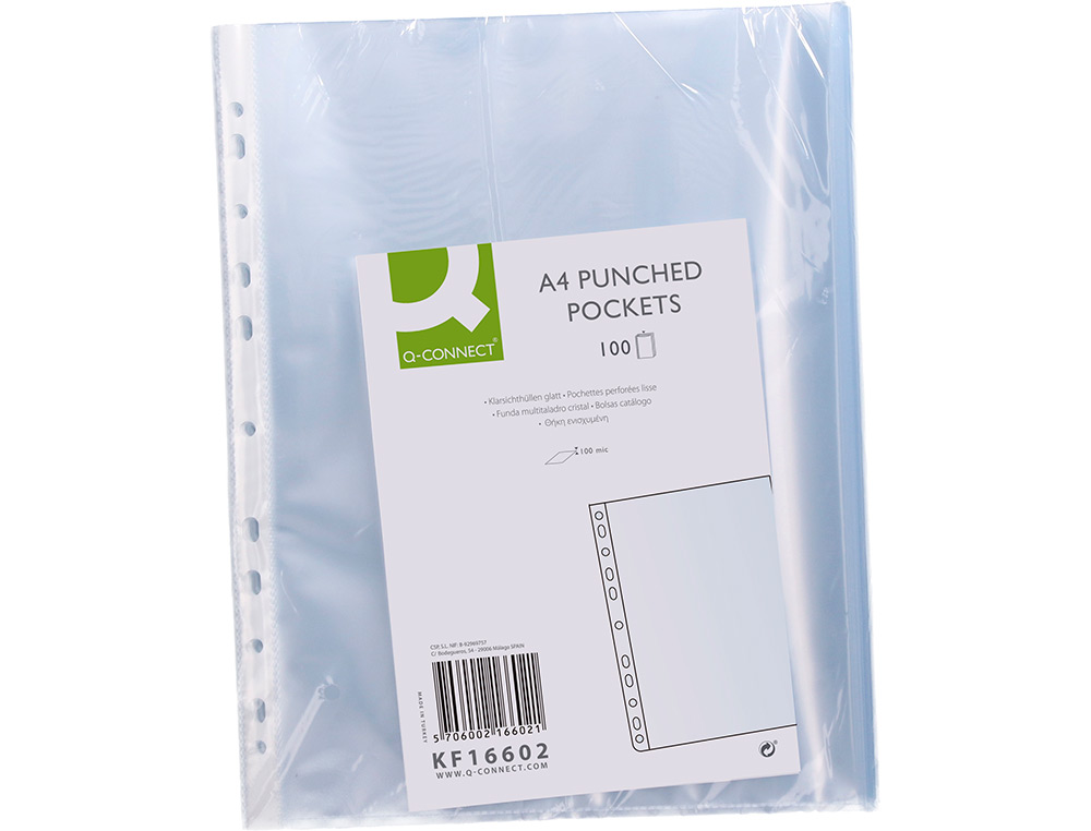 POCHETTE Q-CONNECT POLYPROPYLNE LISSE 10/100E ECO PERFORE ANTISTATIQUE A4 210X297MM SACHET 100 UNITS