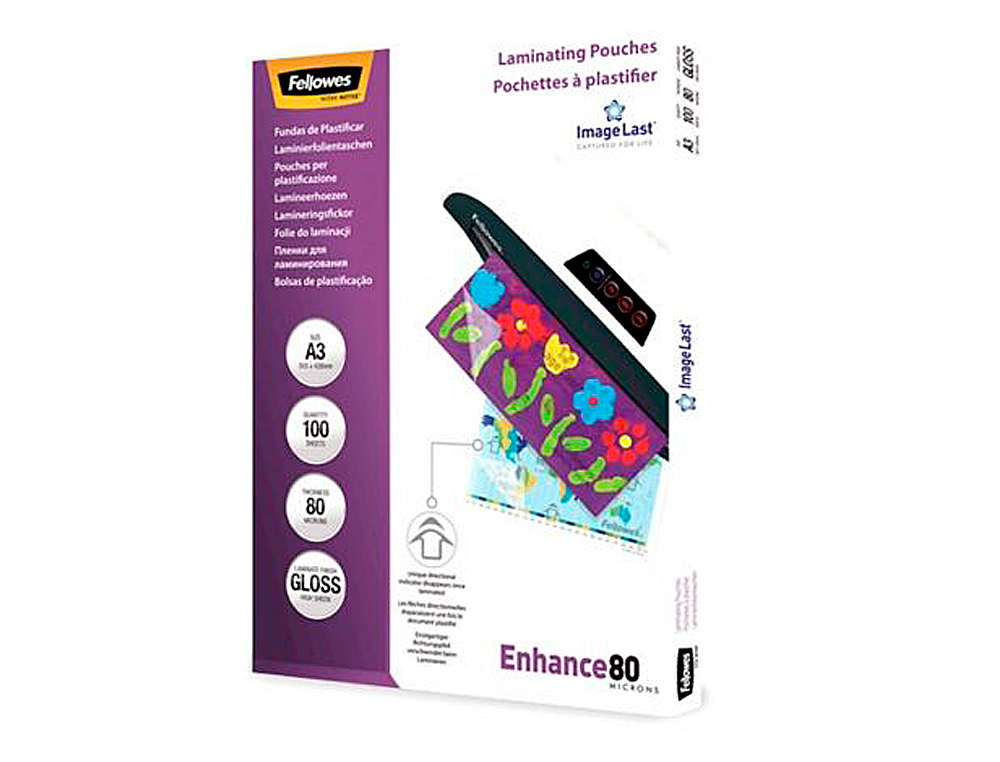 POCHETTE PLASTIFICATION FELLOWES  CHAUD POLYESTER TRANSPARENT RSISTANT EAU FORMAT A3 80 MICRONS BOTE 100 UNITS