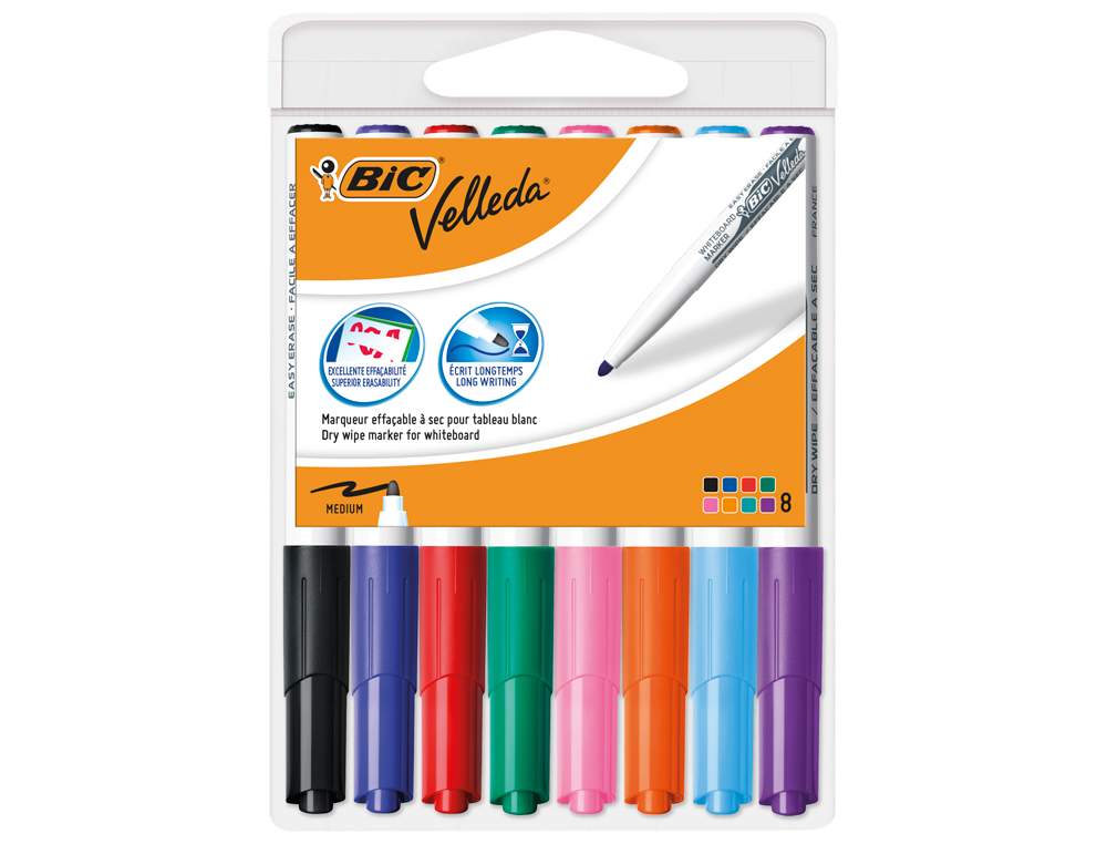 MARQUEUR BIC VELLEDA 1741 EFFAABLE POINTE OGIVE TRAC 2MM ENCRE CTONE FORMAT STYLO GRANDE LONGVIT POCHETTE 8 UNITS