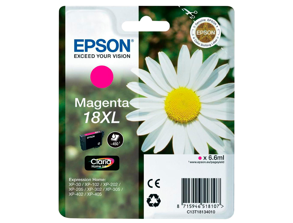 CARTOUCHE EPSON T1813 JET D'ENCRE C13T18134010 COULEUR MAGENTA HAUTE CAPACIT 450P