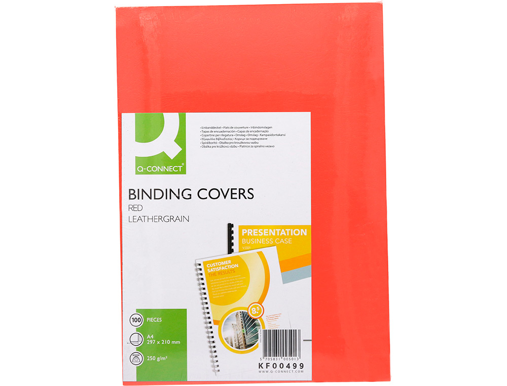 COUVERTURE Q-CONNECT CARTON 250G GRAIN CUIR POUR RELIURE FORMAT A4 COLORIS ROUGE PAQUET 100 UNITS