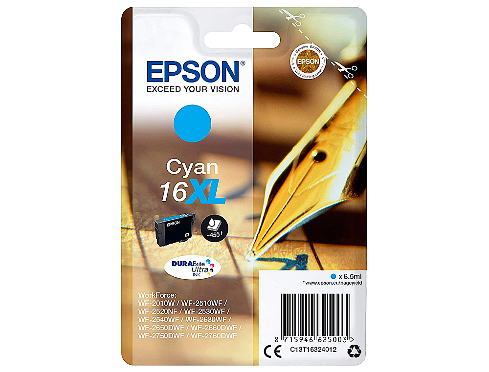 CARTOUCHE EPSON T1632 JET D'ENCRE C13T16324010 COULEUR CYAN HAUTE CAPACIT 450P