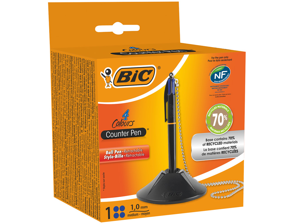 STYLO-BILLE BIC SUR SOCLE BASE LESTE CHANE SCURISE RTRACTABLE RECHARGEABLE 4 CARTOUCHES COULEUR BLEU