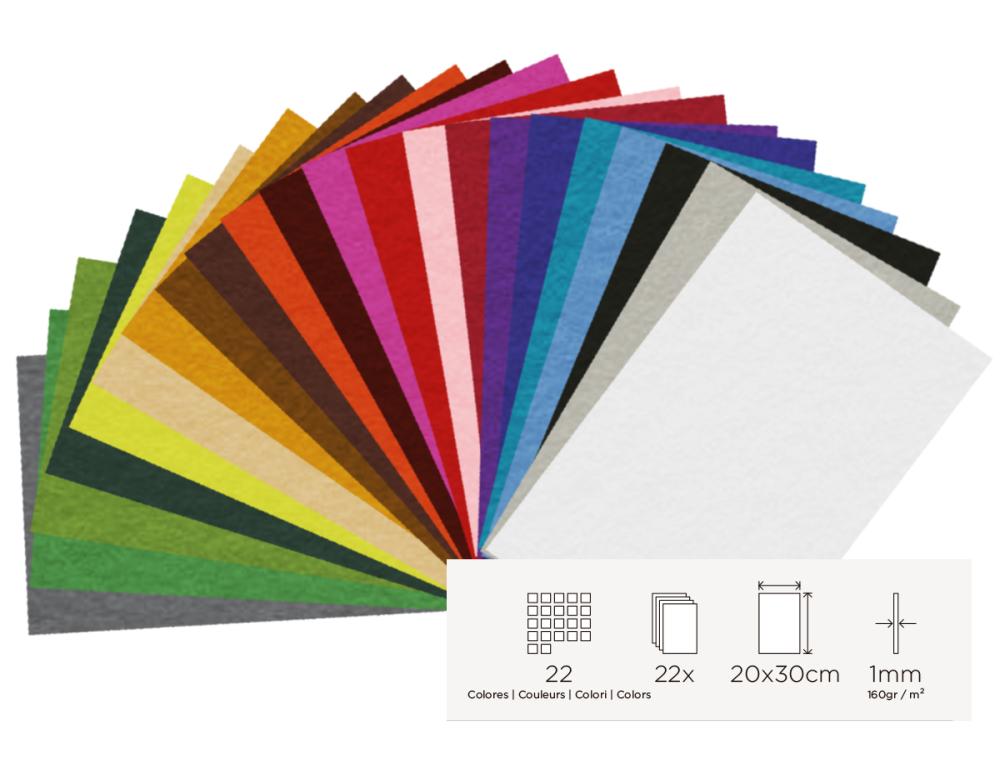 FEUTRINE  DCOUPER 20X30CM 160G /M2 COLORIS ASSORTIS LOT DE22 COUPONS