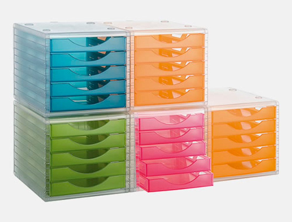 MODULE CLASSEMENT Q-CONNECT 5 TIROIRS OUVERTS BASE 340X270X260MM BUTÉE SÉCURITÉ COLORIS VERT TRANSLUCIDE