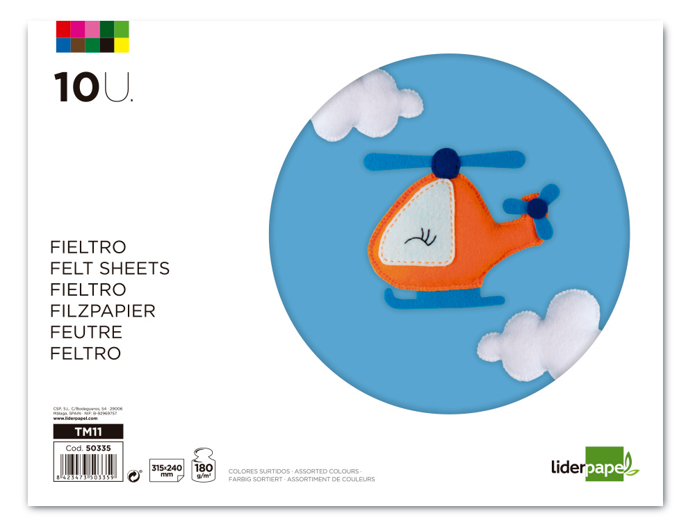 FEUTRINE LIDERPAPEL A4+ 240X315MM 180G PAISSEUR 1.5MM COLORIS ASSORTIS BLOC 10 PLAQUES