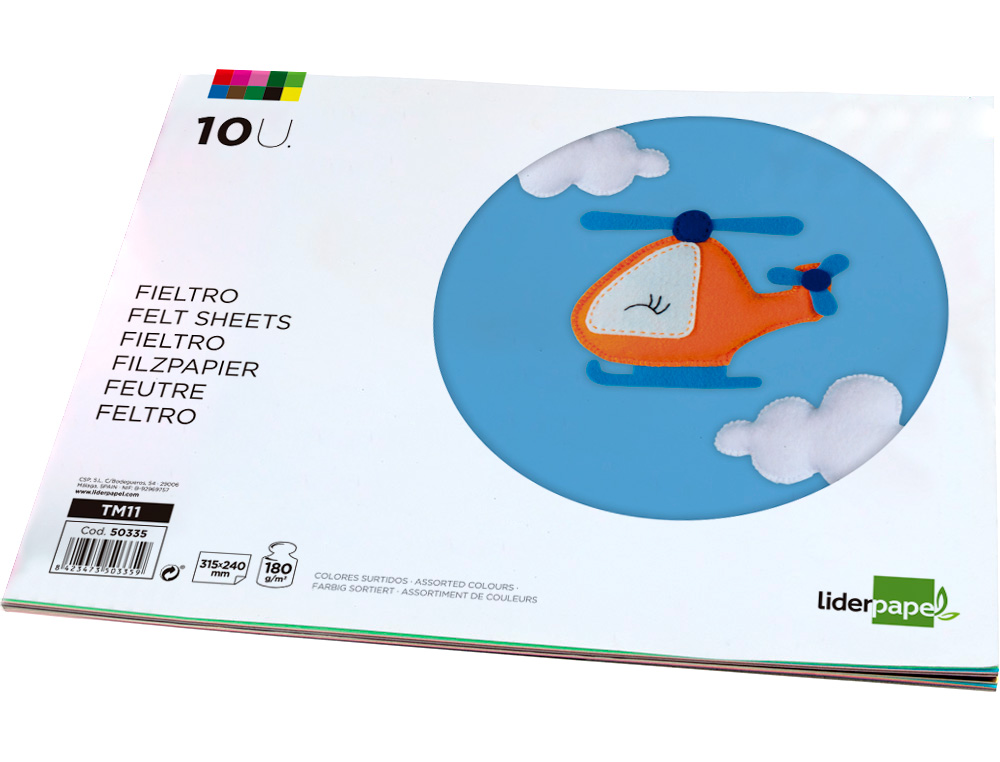 FEUTRINE LIDERPAPEL A4+ 240X315MM 180G PAISSEUR 1.5MM COLORIS ASSORTIS BLOC 10 PLAQUES