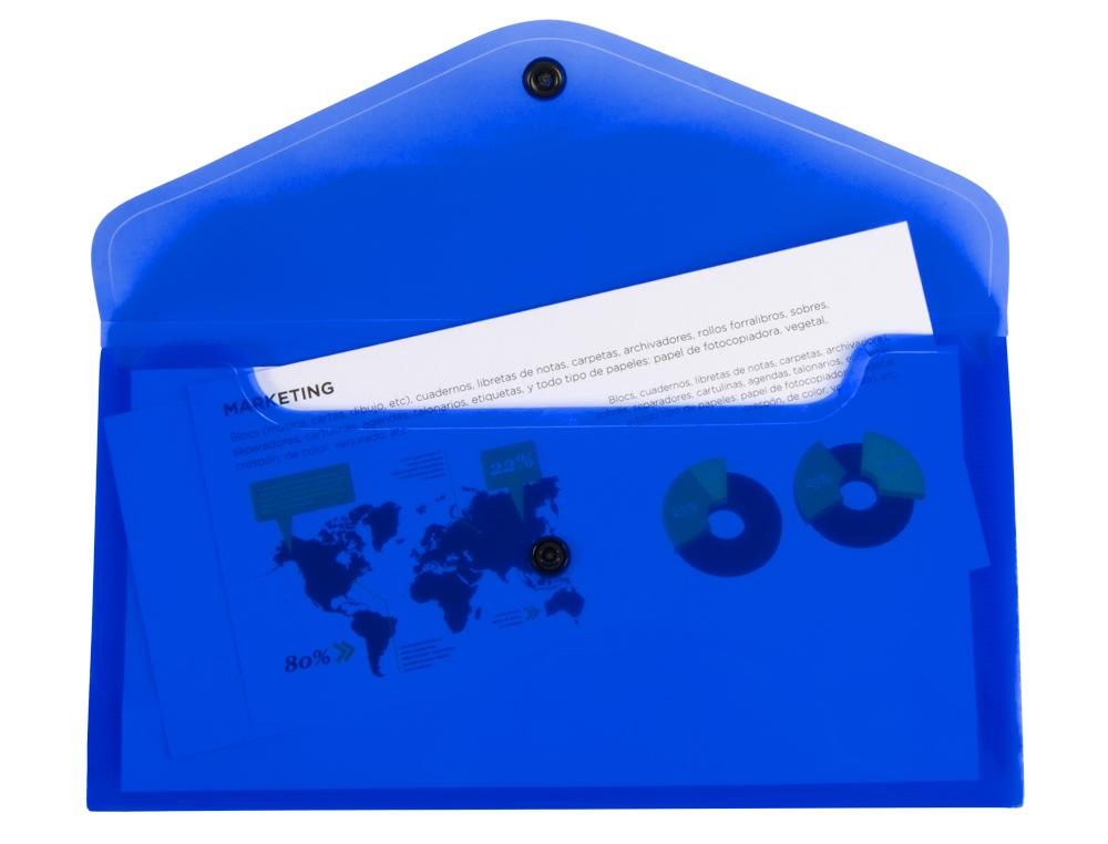 POCHETTE ENVELOPPE LIDERPAPEL POLYPROPYLÈNE 180 MICRONS 260X140MM 50F FERMETURE BOUTON RÉSISTANT TRANSPARENT BLEU