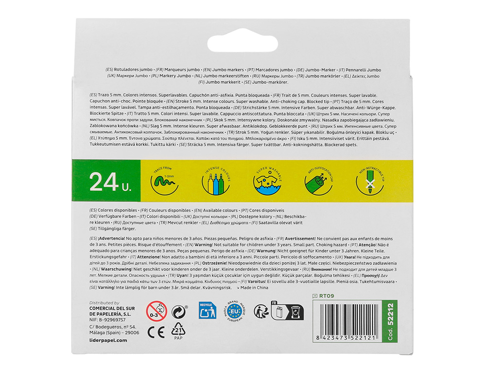 FEUTRE COLORIAGE LIDERPAPEL JUMBO LONGUEUR ÉCRITURE 800M POINTE NYLON 5MM DIAMÈTRE BOÎTE CARTON 24 UNITÉS