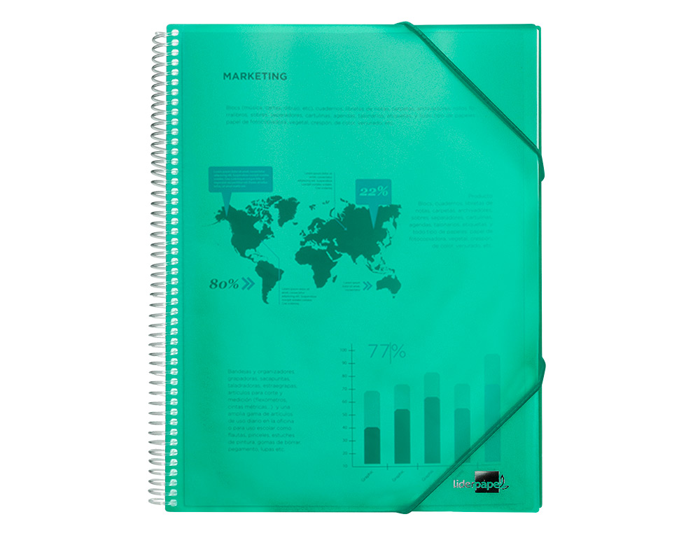 PROTGE-DOCUMENTS LIDERPAPEL POLYPROPYLNE COUVERTURE RIGIDE SPIRALE 10 POCHETTES FIXES A4 210X297MM COLORIS VERT