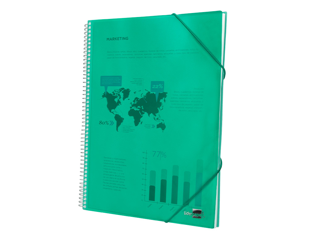 PROTGE-DOCUMENTS LIDERPAPEL POLYPROPYLNE COUVERTURE RIGIDE SPIRALE 10 POCHETTES FIXES A4 210X297MM COLORIS VERT