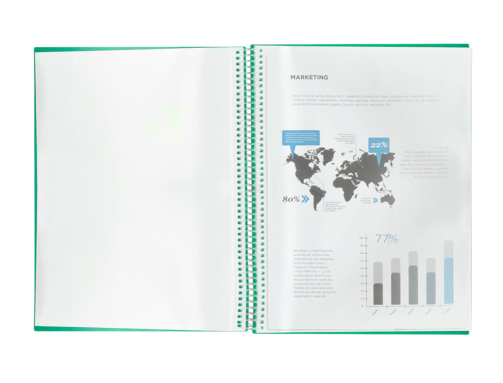 PROTGE-DOCUMENTS LIDERPAPEL POLYPROPYLNE COUVERTURE RIGIDE SPIRALE 10 POCHETTES FIXES A4 210X297MM COLORIS VERT