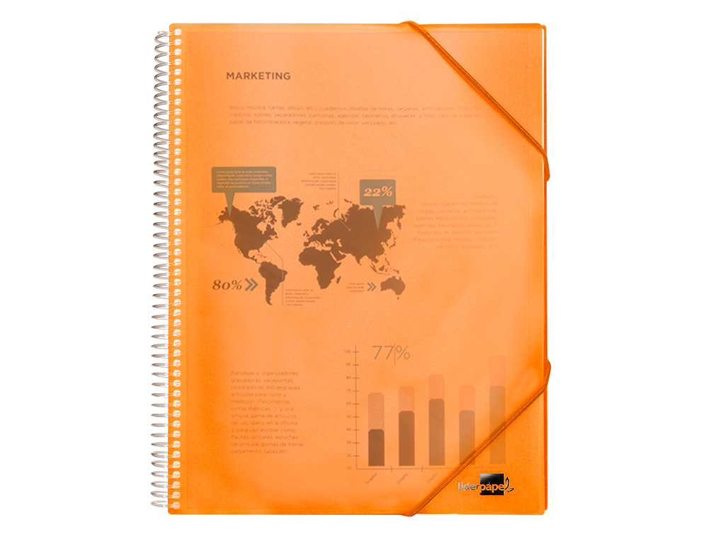 PROTÈGE-DOCUMENTS LIDERPAPEL POLYPROPYLÈNE COUVERTURE RIGIDE SPIRALE 10 POCHETTES FIXES A4 210X297MM COLORIS ORANGE