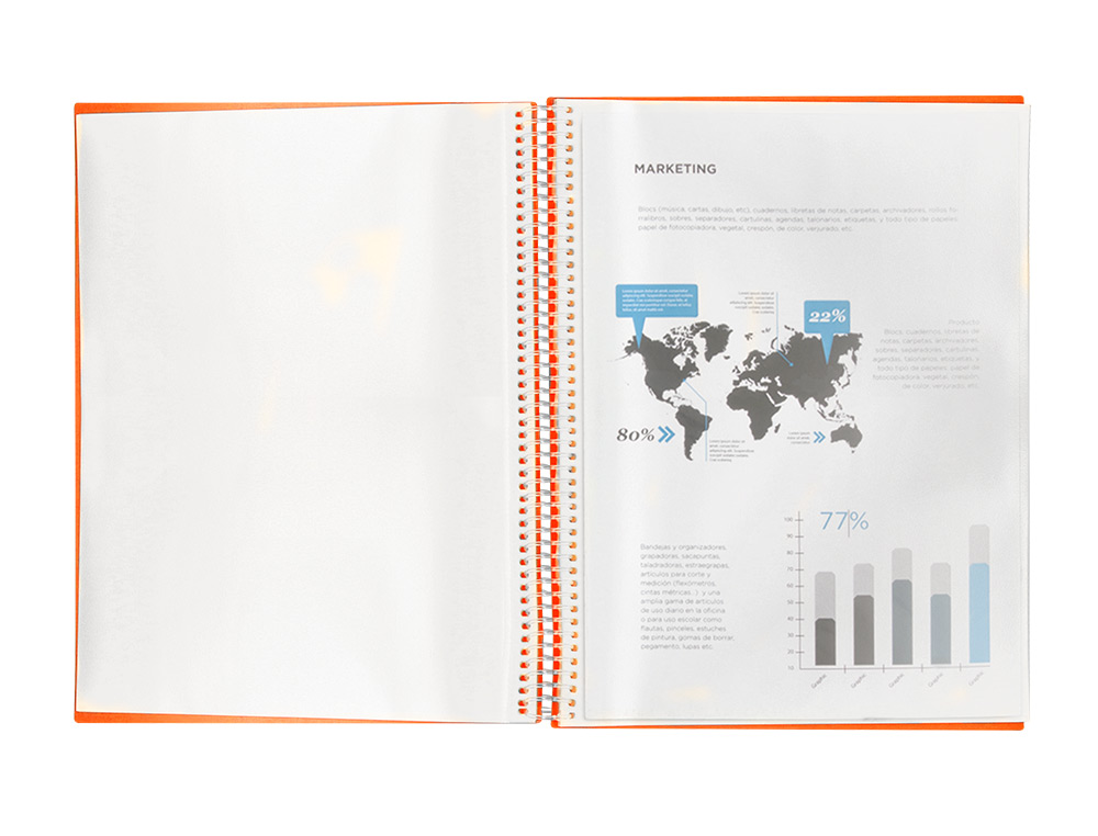 PROTÈGE-DOCUMENTS LIDERPAPEL POLYPROPYLÈNE COUVERTURE RIGIDE SPIRALE 10 POCHETTES FIXES A4 210X297MM COLORIS ORANGE