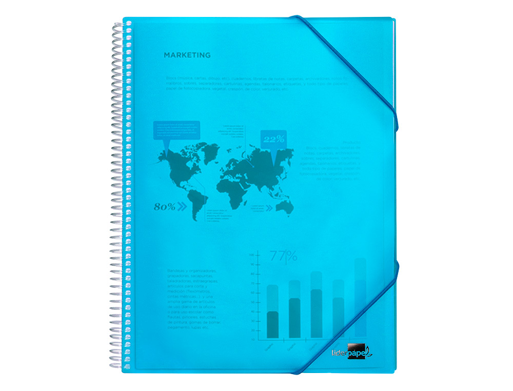 PROTÈGE-DOCUMENTS LIDERPAPEL POLYPROPYLÈNE COUVERTURE RIGIDE SPIRALE 30 POCHETTES FIXES A4 210X297MM COLORIS BLEU