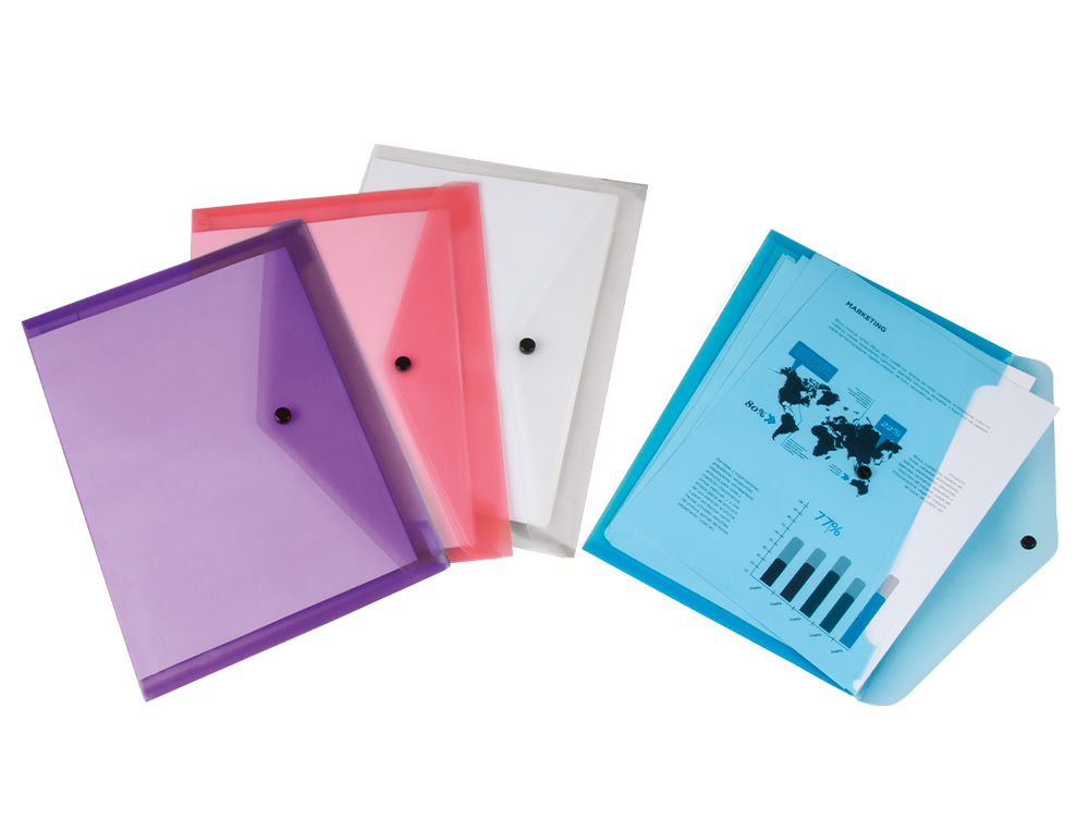 POCHETTE ENVELOPPE LIDERPAPEL POLYPROPYLÈNE 180 MICRONS A4 297X210MM FERMETURE BOUTON RÉSISTANT ASSORTIS PACK 4 UNITÉS
