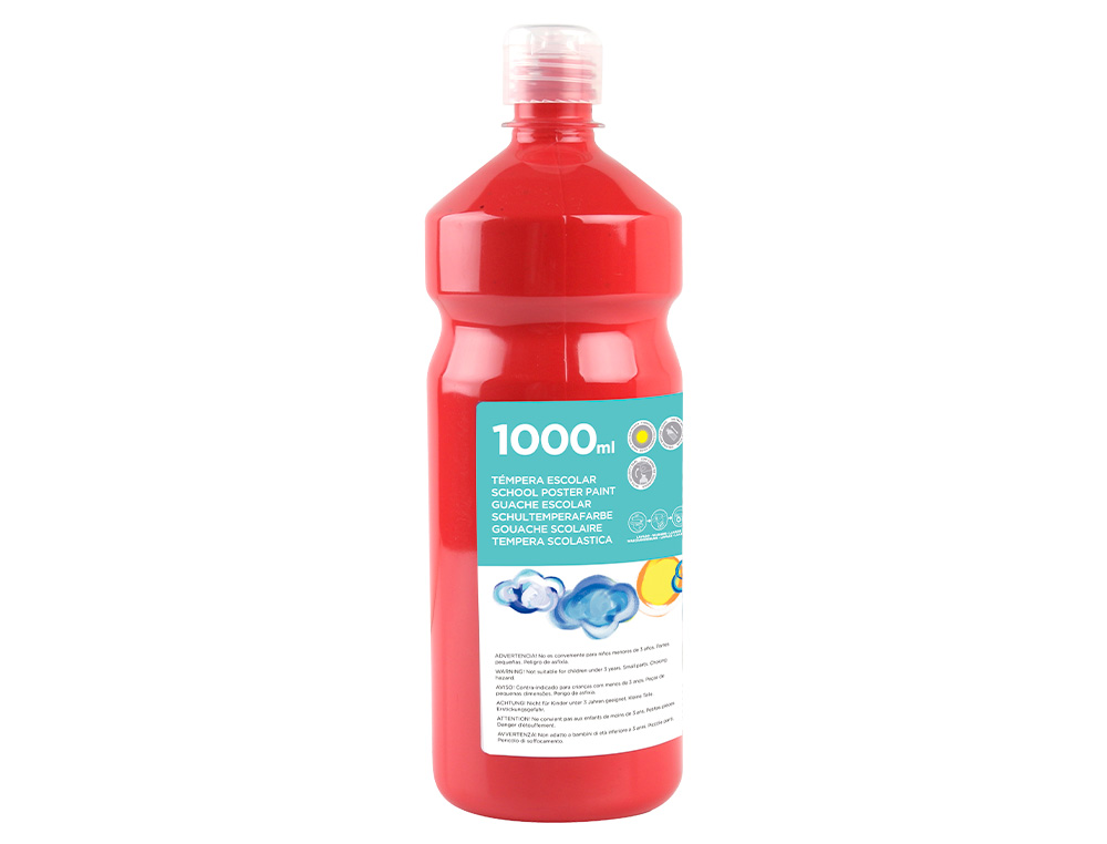 GOUACHE SCOLAIRE LIDERPAPEL LIQUIDE LAVABLE FERMETURE SCURIT BRILLANTE COLORIS ROUGE FLACON 1000ML