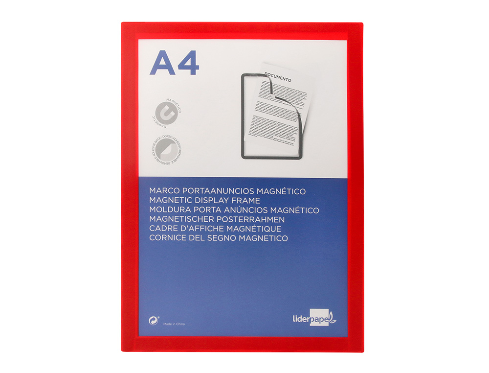 CADRE AFFICHAGE LIDERPAPEL MURAL MAGNETIQUE A4 DOS ADHESIF REPOSITIONNABLE COLORIS ROUGE