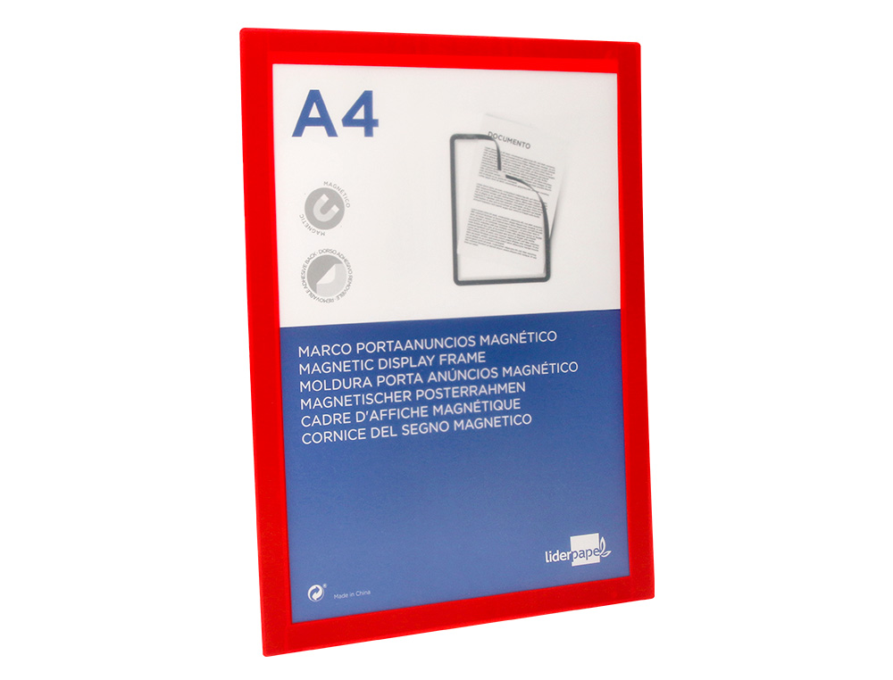 CADRE AFFICHAGE LIDERPAPEL MURAL MAGNETIQUE A4 DOS ADHESIF REPOSITIONNABLE COLORIS ROUGE