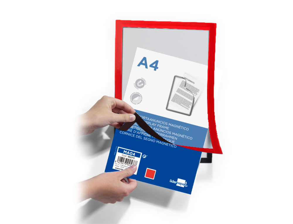 CADRE AFFICHAGE LIDERPAPEL MURAL MAGNETIQUE A4 DOS ADHESIF REPOSITIONNABLE COLORIS ROUGE