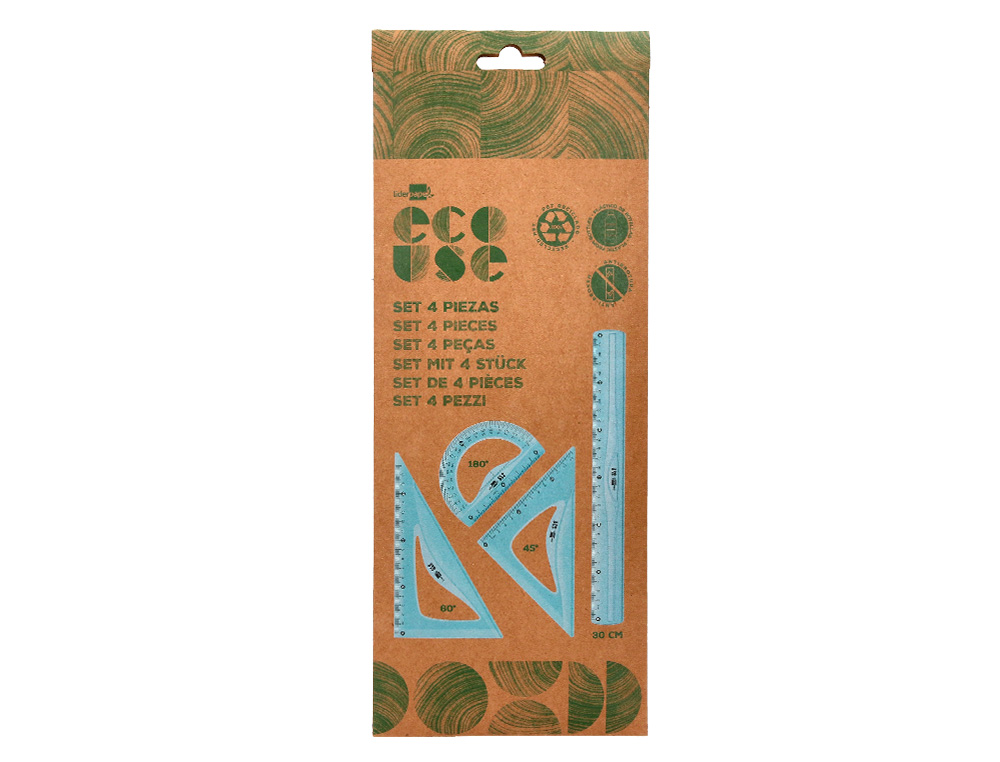 SET TRAAGE LIDERPAPEL ECOUSE 100% PLASTIQUE PET RECYCLE    EQUERRE 20 CM 18 CM REGLE 30  CM ET DEMI-CERCLE 10 CM