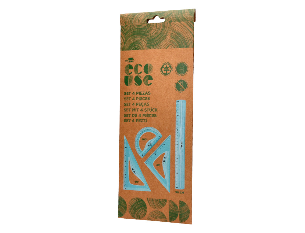 SET TRAAGE LIDERPAPEL ECOUSE 100% PLASTIQUE PET RECYCLE    EQUERRE 20 CM 18 CM REGLE 30  CM ET DEMI-CERCLE 10 CM