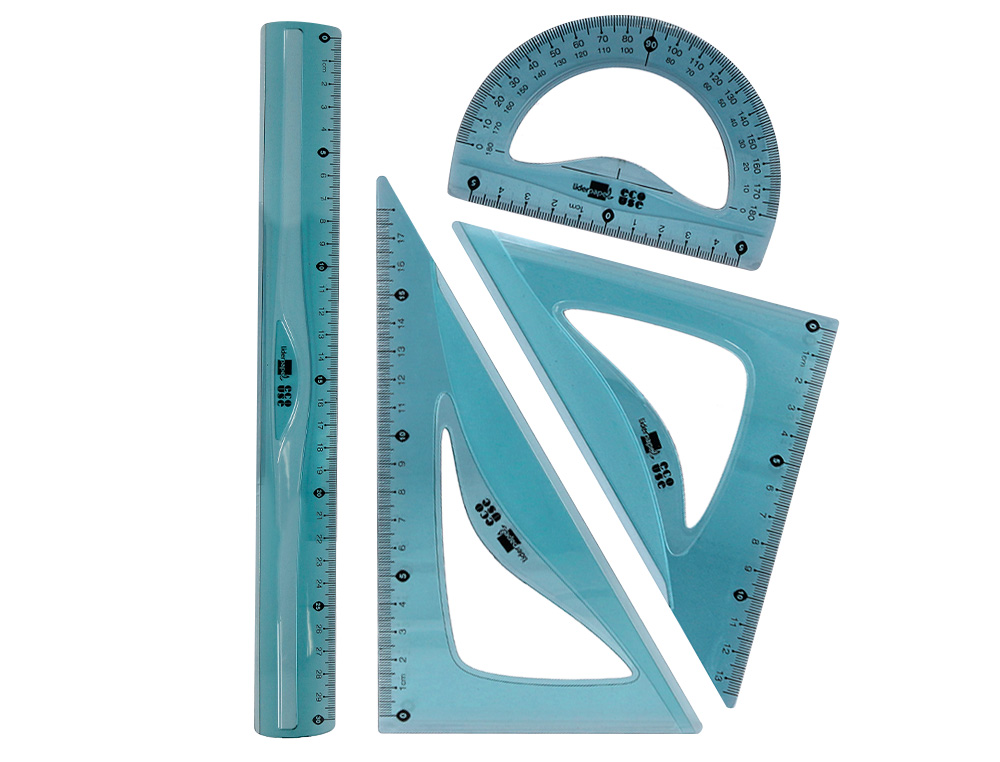 SET TRAAGE LIDERPAPEL ECOUSE 100% PLASTIQUE PET RECYCLE    EQUERRE 20 CM 18 CM REGLE 30  CM ET DEMI-CERCLE 10 CM