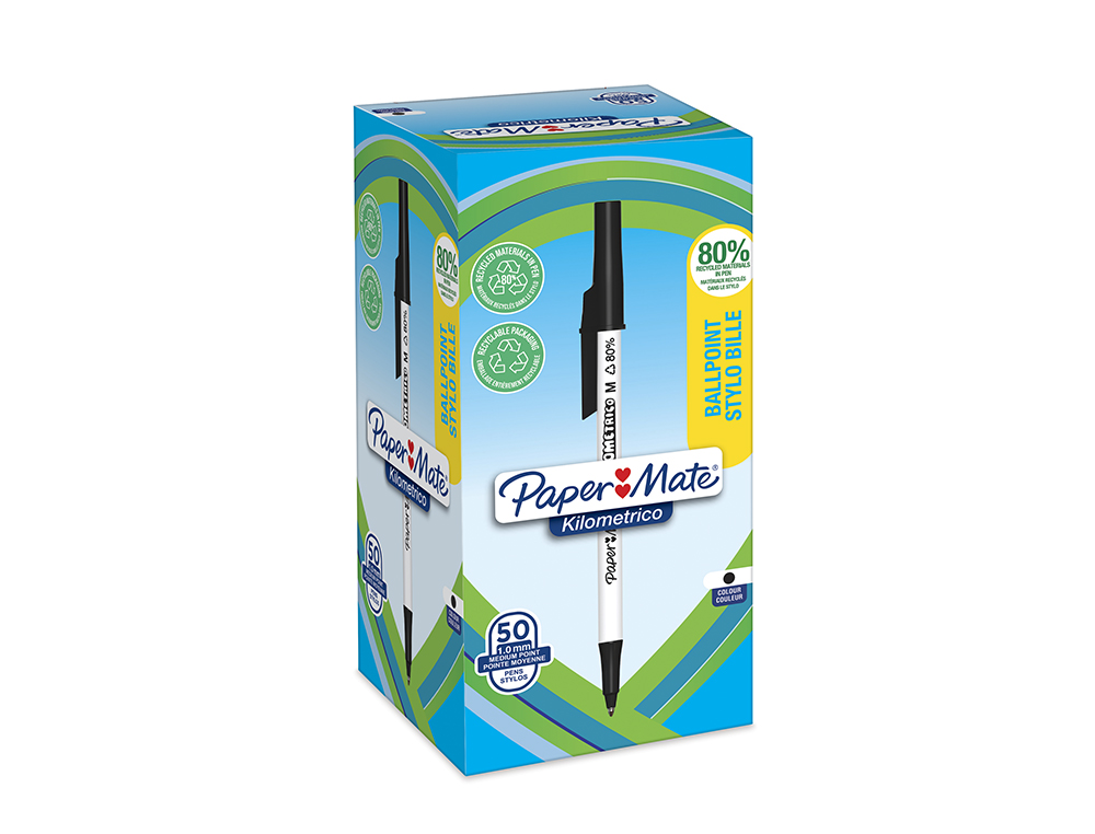 STYLO-BILLE PAPER MATE KILOMETRICO CAPUCHON POINTE   MOYENNE 1MM ENCRE NOIRE ULTRA DOUCE BOITE 50 UNITES