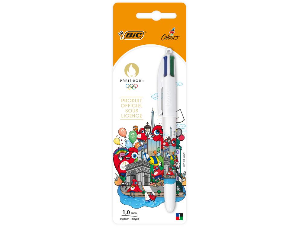 STYLO-BILLE BIC 4 COULEURS PARIS 2024 POINTE MOYENNE 1MM RETRACTABLE CORPS PLASTIQUE MODELES ASSORTIS BLISTER 1 UNITE