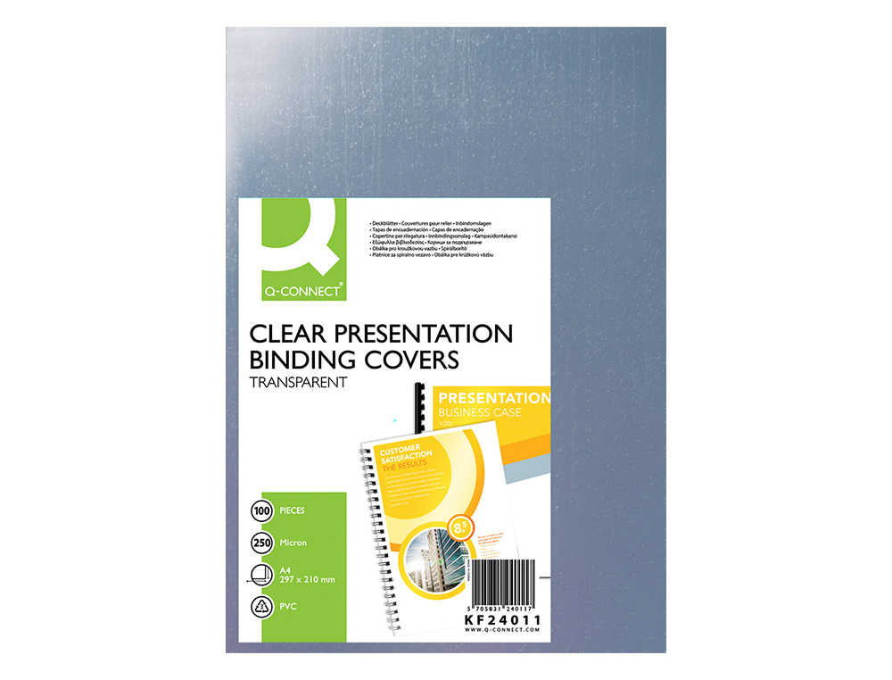 PLAT COUVERTURE Q-CONNECT PVC 250 MICRONS A4 RELIEURS SPIRALES PEIGNES ANNEAUX INCOLORE PAQUET 100 UNITÉS