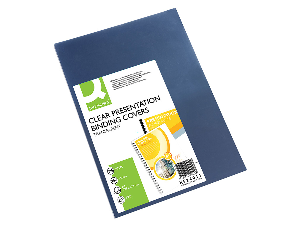 PLAT COUVERTURE Q-CONNECT PVC 250 MICRONS A4 RELIEURS SPIRALES PEIGNES ANNEAUX INCOLORE PAQUET 100 UNITÉS