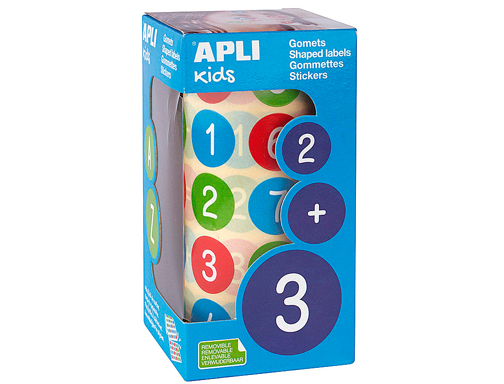 GOMMETTE APLI KIDS ENLEVABLE RONDE 20MM 123 MAJUSCULES MULTICOLORES ROULEAU 900 UNITÉS
