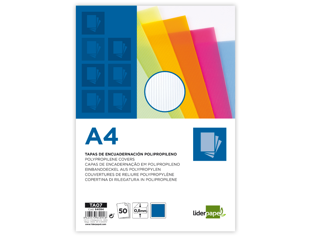 PLAT COUVERTURE LIDERPAPEL PP ONDUL TRANSLUCIDE 0.8MM A4 DOSSIER RELIURE BLEU PAQUET 50 UNITS