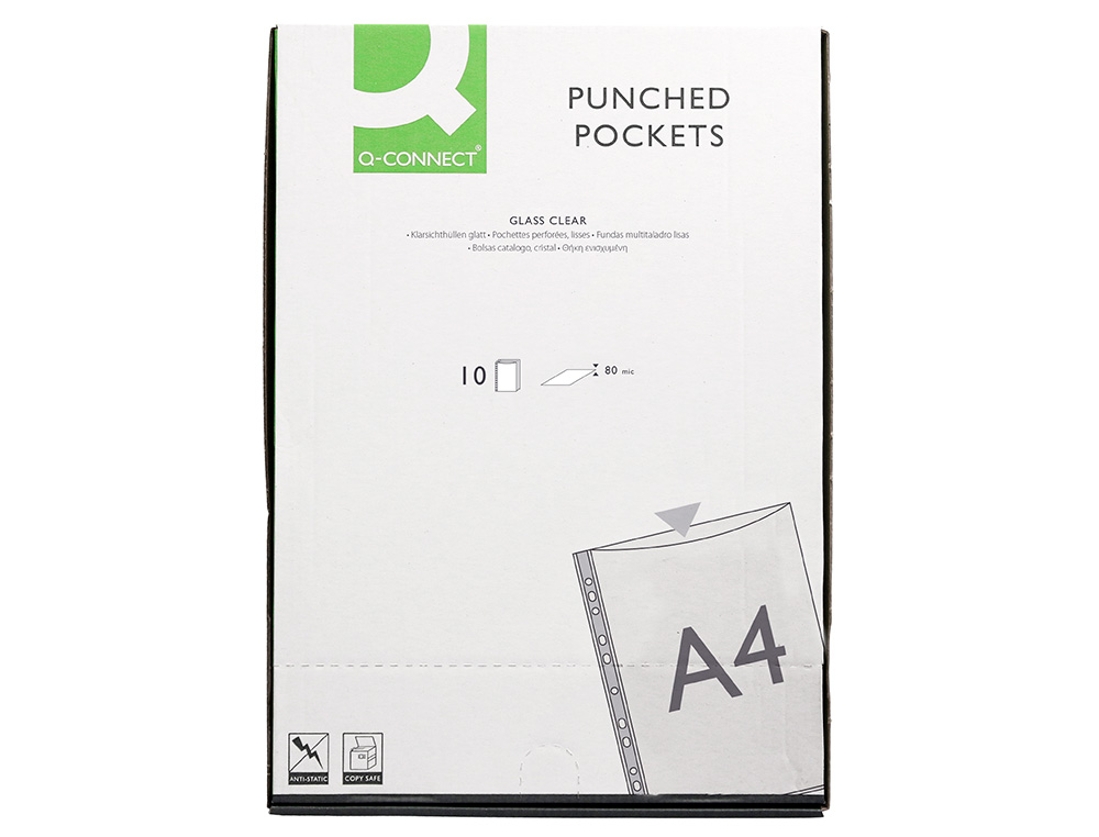 POCHETTE Q-CONNECT POLYPROPYLÈNE LISSE 8/100E PERFORÉE A4 CRISTAL ANTISTATIQUE SACHET 10 UNITÉS