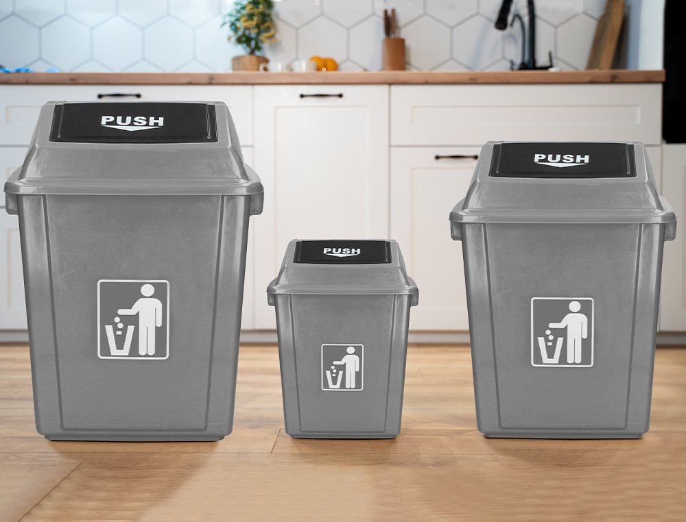 POUBELLE Q-CONNECT PLASTIQUE COUVERCLE BASCULANT OUVERTURE FACILE 2 POIGNES 58L 470X330X760MM COLORIS GRIS