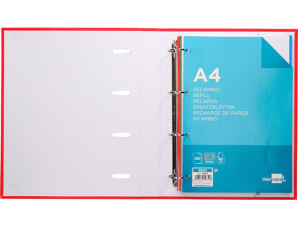 CLASSEUR LIDERPAPEL SRIE MULTILIDER 4 ANNEAUX RONDS 40MM A4 CARTON REMBORD FEUILLETS MOBILES QUADRILLAGE 5MM 120F 80G