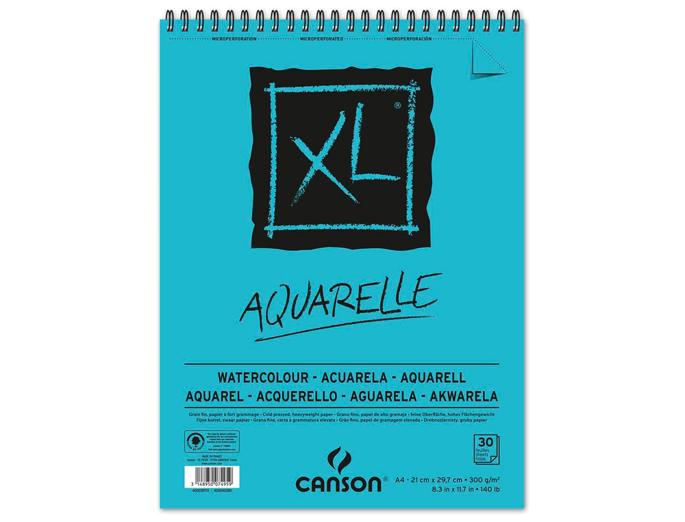 ALBUM CANSON XL AQUARELLE A SPIRALE PAPIER GRAIN FIN BLANC 300G A4 21X29,7CM 30F