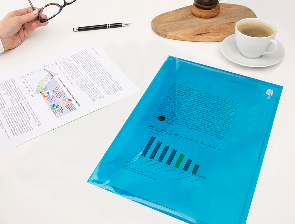 POCHETTE ENVELOPPE LIDERPAPEL POLYPROPYLNE 180 MICRONS A4 297X210MM 50F FERMETURE BOUTON RSISTANT TRANSPARENT BLEU