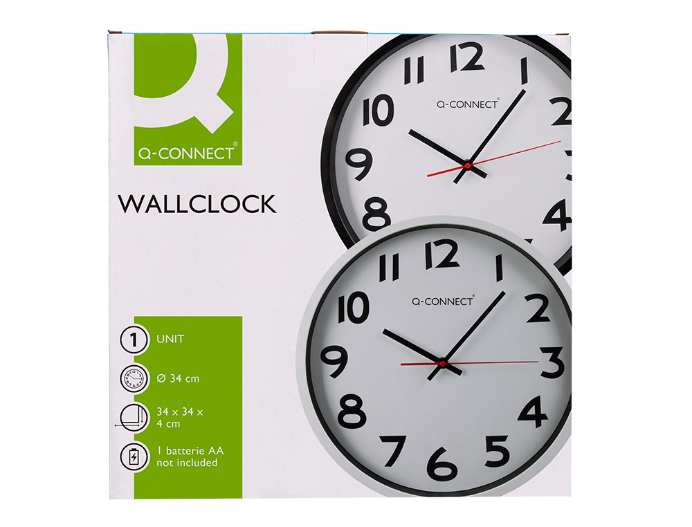 HORLOGE Q-CONNECT MURALE PLASTIQUE DESIGN ACTUEL NUMROS NOIRS FOND BLANC 1 PILE AA NON FOURNIE DIAMTRE 34CM CHROM