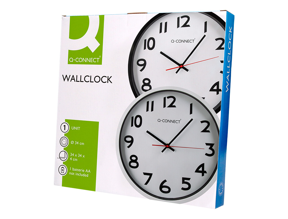 HORLOGE Q-CONNECT MURALE PLASTIQUE DESIGN ACTUEL NUMROS NOIRS FOND BLANC 1 PILE AA NON FOURNIE DIAMTRE 34CM CHROM