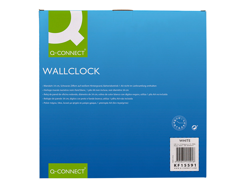 HORLOGE Q-CONNECT MURALE PLASTIQUE DESIGN ACTUEL NUMROS NOIRS FOND BLANC 1 PILE AA NON FOURNIE DIAMTRE 34CM CHROM