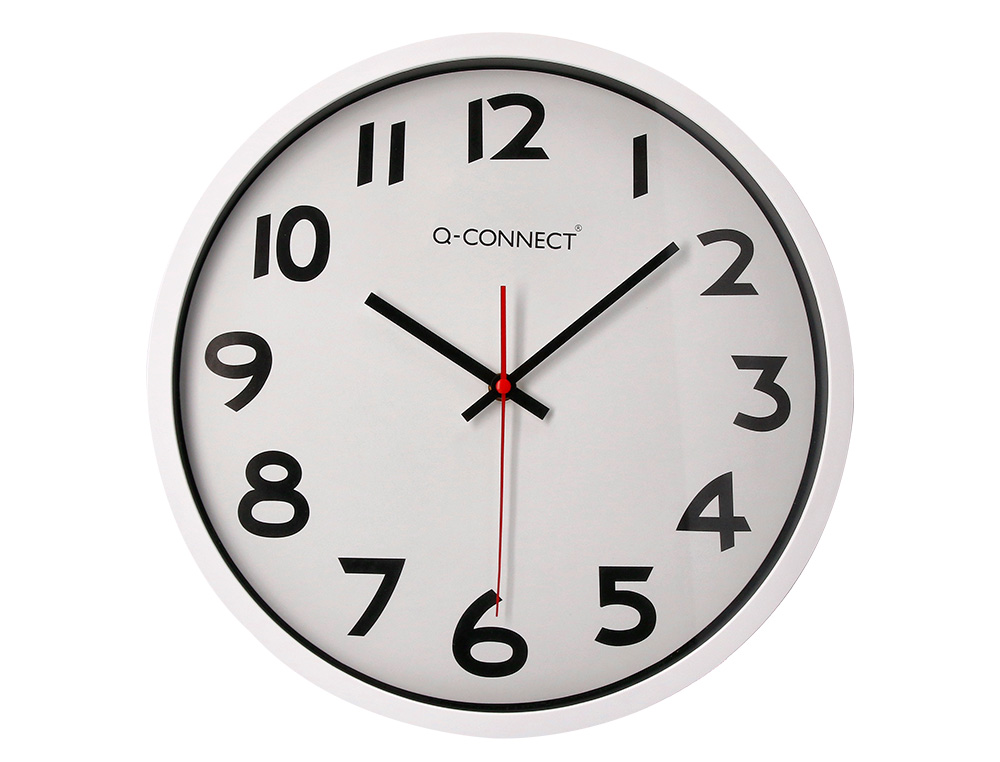 HORLOGE Q-CONNECT MURALE PLASTIQUE DESIGN ACTUEL NUMROS NOIRS FOND BLANC 1 PILE AA NON FOURNIE DIAMTRE 34CM CHROM