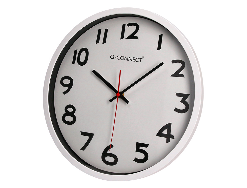 HORLOGE Q-CONNECT MURALE PLASTIQUE DESIGN ACTUEL NUMROS NOIRS FOND BLANC 1 PILE AA NON FOURNIE DIAMTRE 34CM CHROM