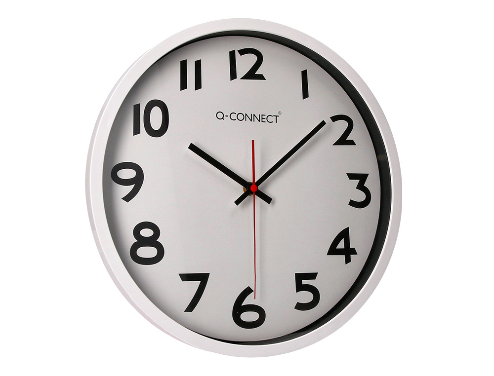 HORLOGE Q-CONNECT MURALE PLASTIQUE DESIGN ACTUEL NUMROS NOIRS FOND BLANC 1 PILE AA NON FOURNIE DIAMTRE 34CM CHROM