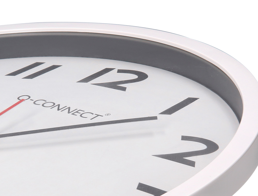 HORLOGE Q-CONNECT MURALE PLASTIQUE DESIGN ACTUEL NUMROS NOIRS FOND BLANC 1 PILE AA NON FOURNIE DIAMTRE 34CM CHROM
