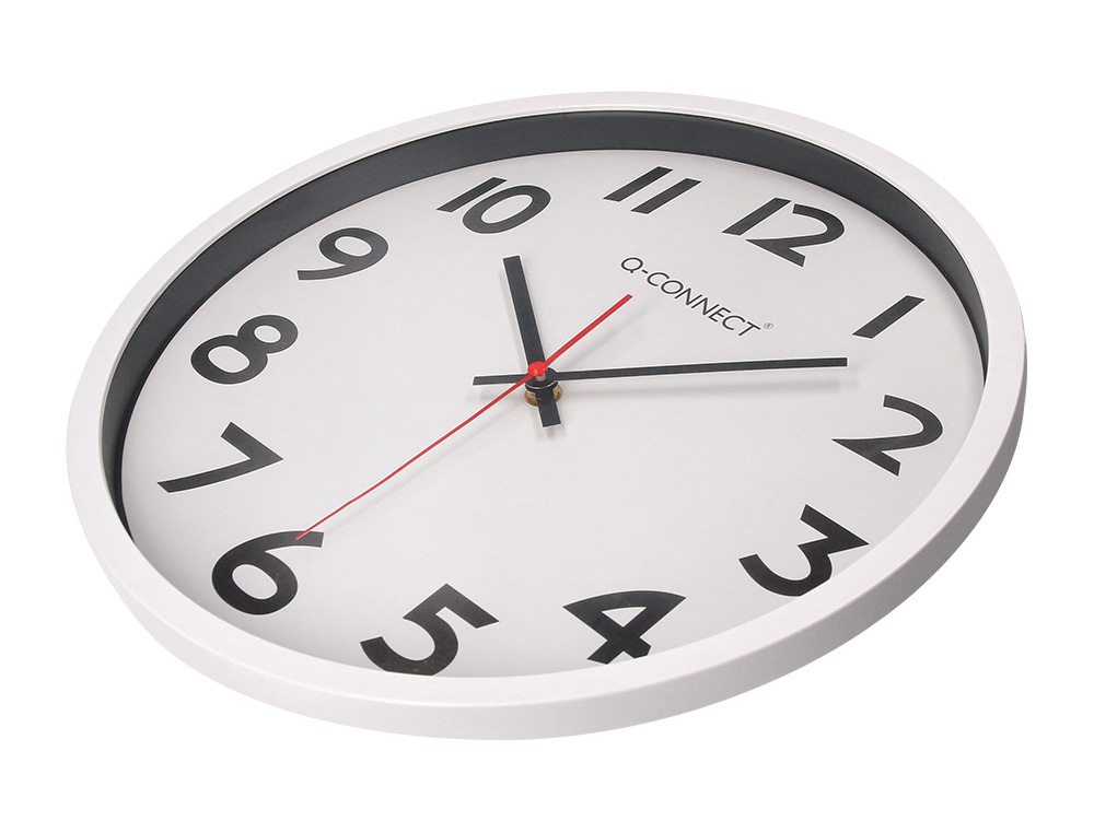 HORLOGE Q-CONNECT MURALE PLASTIQUE DESIGN ACTUEL NUMROS NOIRS FOND BLANC 1 PILE AA NON FOURNIE DIAMTRE 34CM CHROM