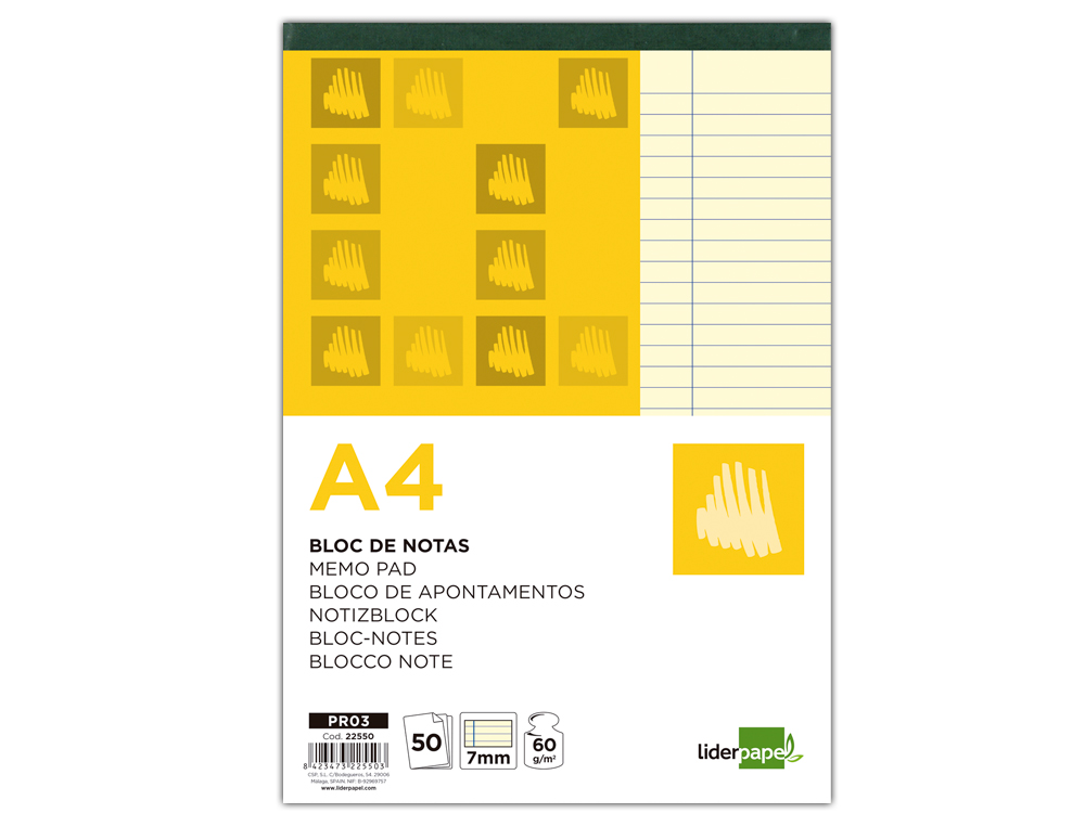 BLOC-NOTES LIDERPAPEL ENCOLL A4 210X297MM 50F 60G/M2 LIGN MARGE FEUILLES JAUNES