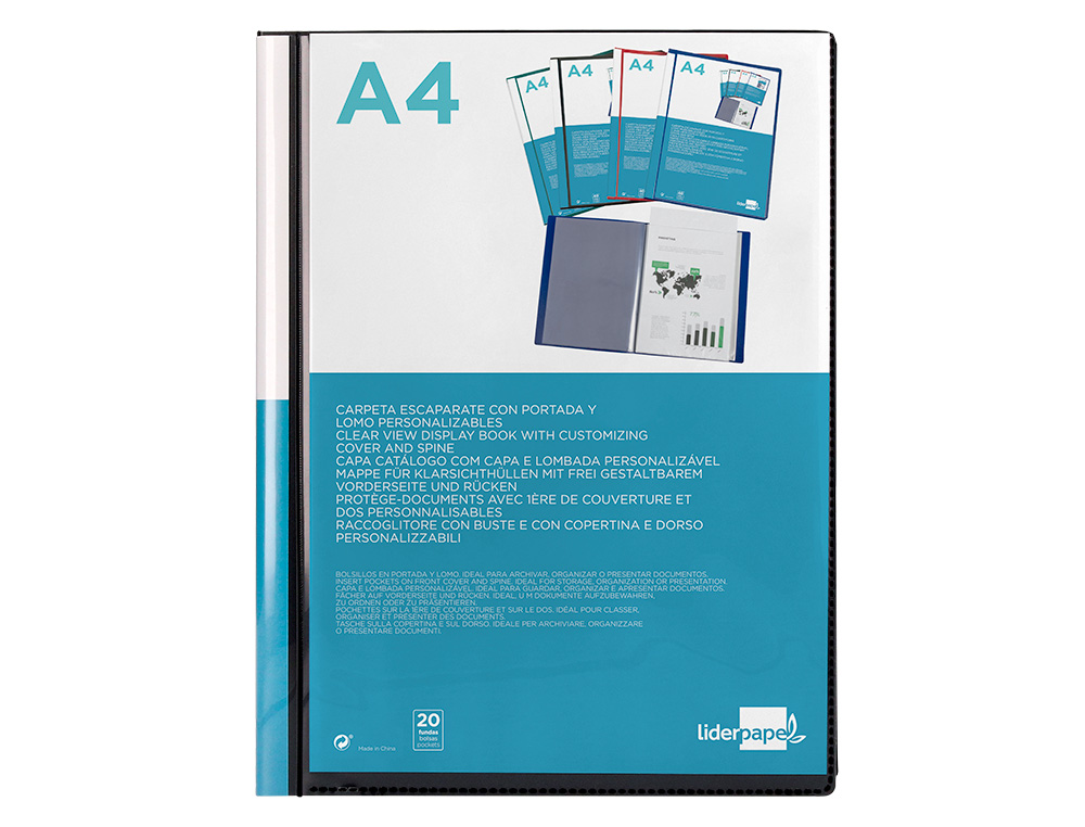 PROTÈGE-DOCUMENTS LIDERPAPEL PERSONNALISABLE KANGOUROU POLYPROPYLÈNE 20 POCHETTES FIXES A4 210X297MM COLORIS NOIR