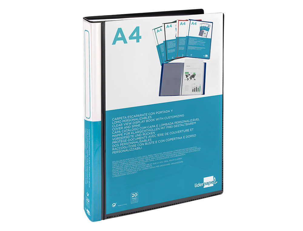PROTÈGE-DOCUMENTS LIDERPAPEL PERSONNALISABLE KANGOUROU POLYPROPYLÈNE 20 POCHETTES FIXES A4 210X297MM COLORIS NOIR